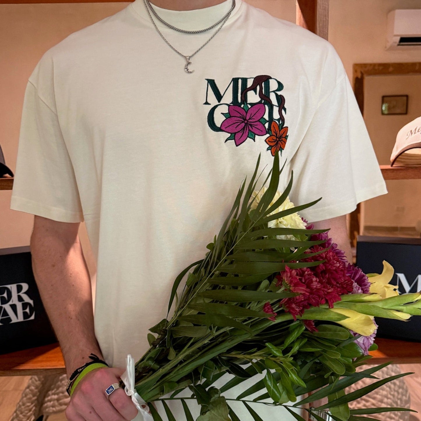 "Flowers for Her" Créme Embroidered Tee